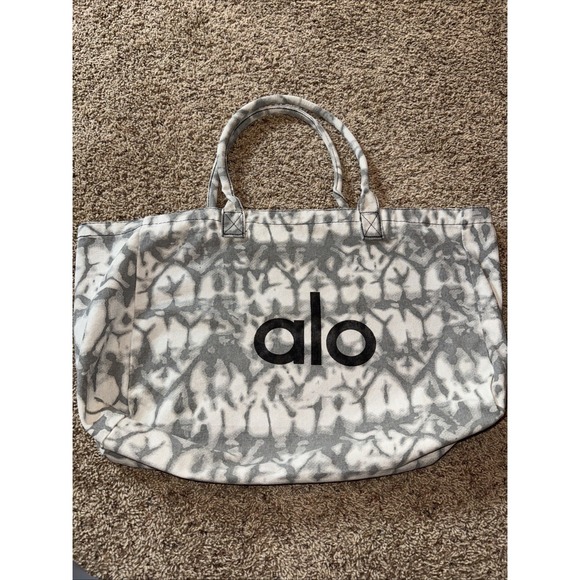 Alo Yoga Gray White Tie Dye Cotton Iconic Shopper Weekender Tote Bag Women's - Picture 5 of 8
